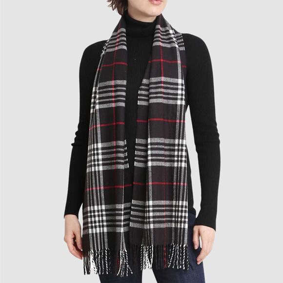 Janice Apparel Women's Faux Cashmere Scarf Black Plaid & Fringe Italian Design - Picture 2 of 9
